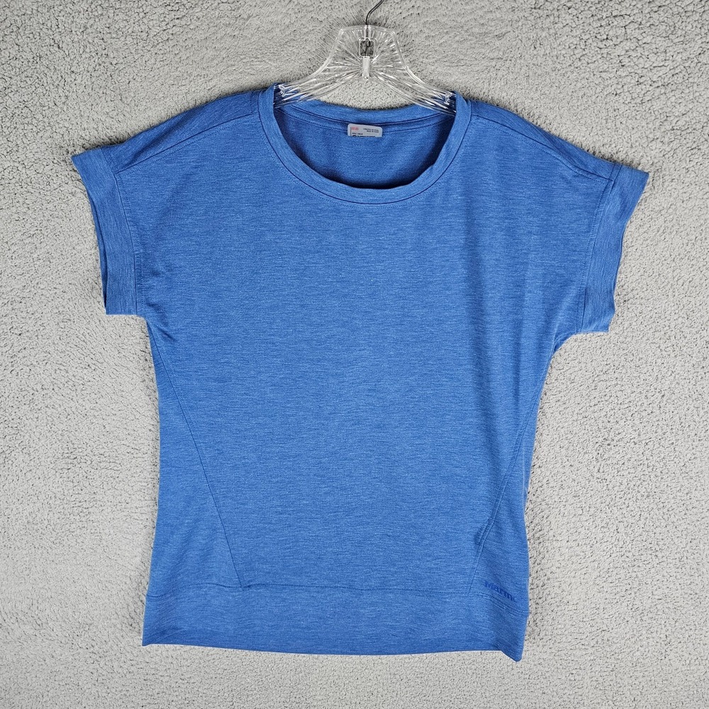 Marmot Shirt Women Medium Blue Short Sleeve Crew Neck Pleated Back Active Top